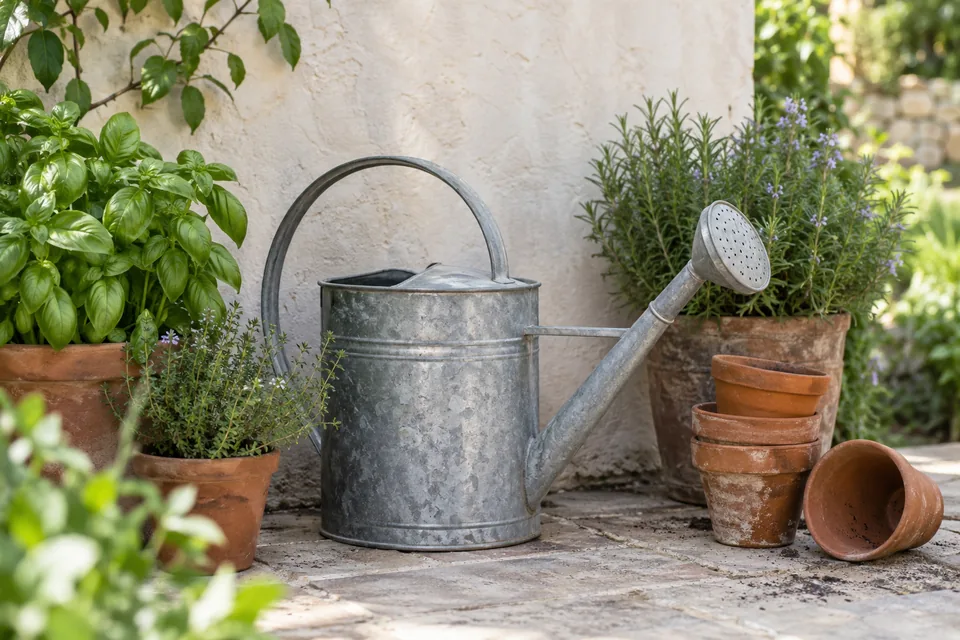 Arrosoir métallique près de plantes et de pots en terre cuite