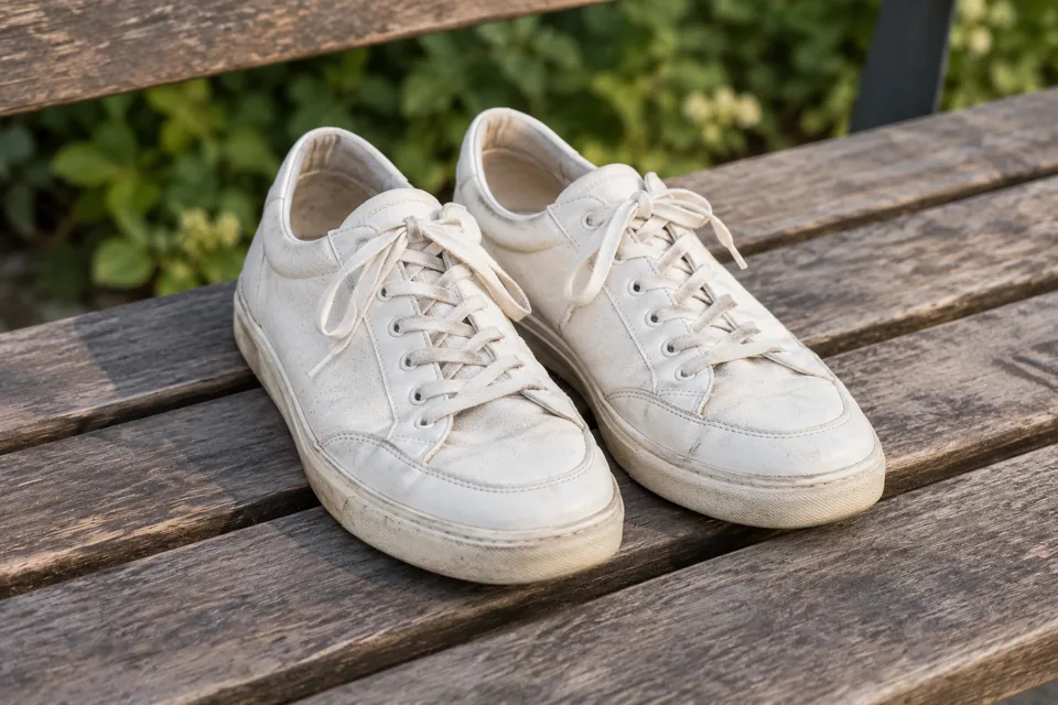 Paire de chaussures blanches légèrement usées sur un banc en bois