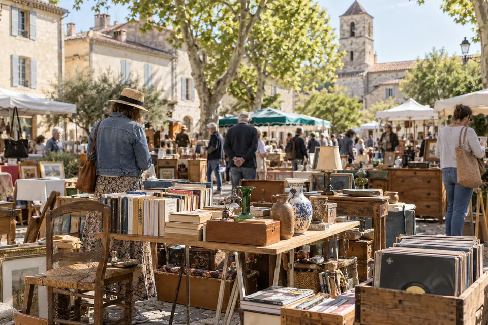 Stands de livres, vaisselle et meubles dans une brocante de village imaginaire