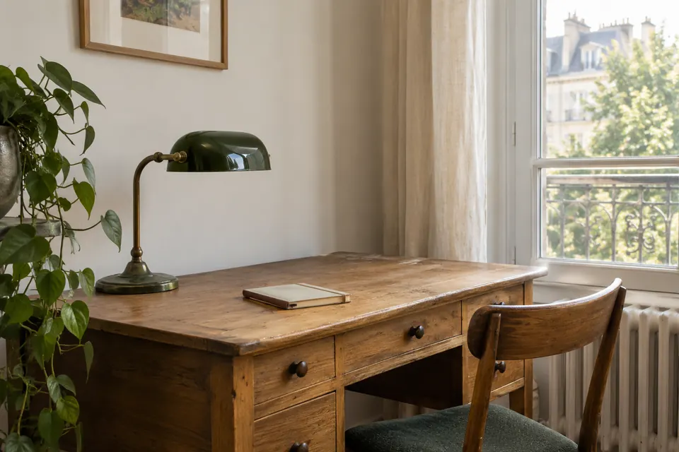 Bureau en bois avec lampe verte et carnet