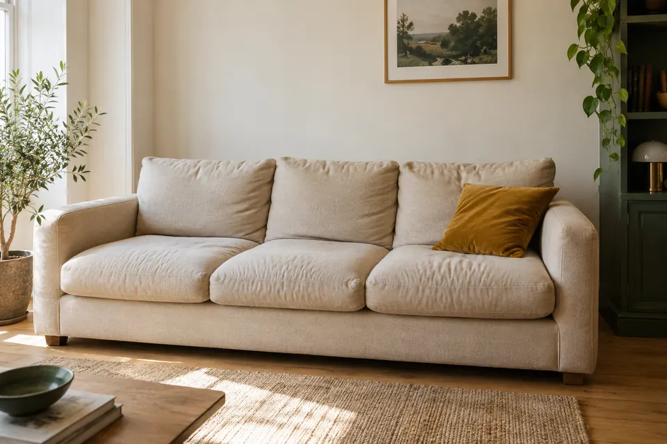 Canapé beige de seconde main dans un salon lumineux