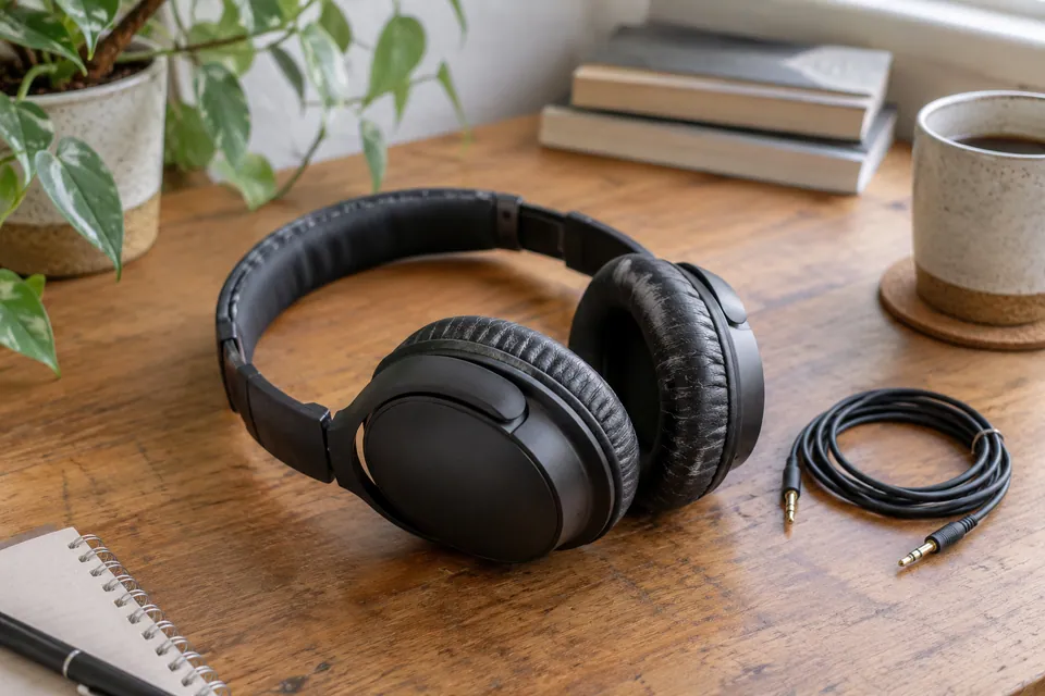 Casque audio avec traces d’usage sur les coussinets et câble séparé