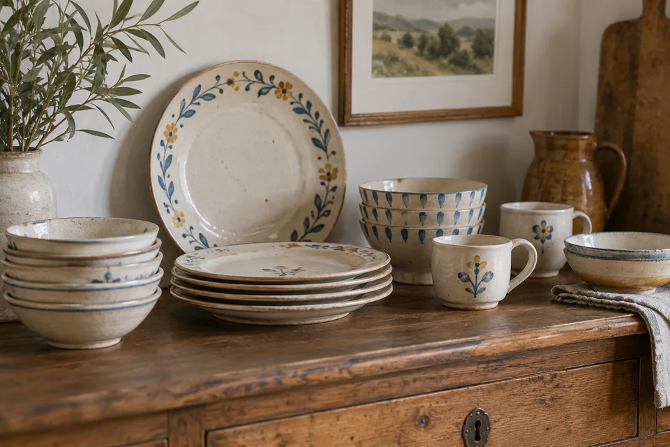 Assiettes, bols et tasses aux motifs bleus et ocre