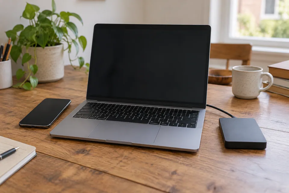 Téléphone, ordinateur et disque externe préparés sur un bureau