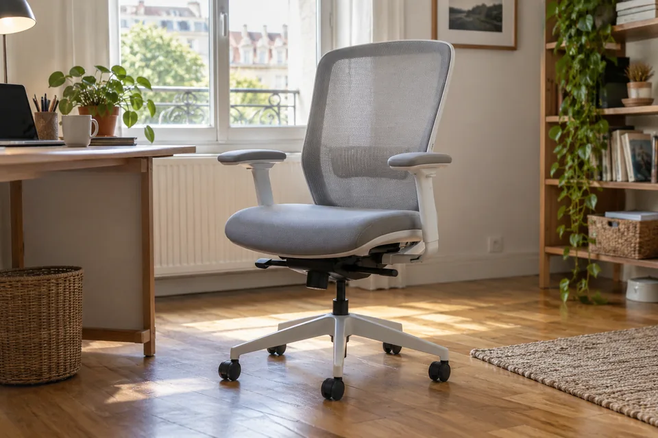 Chaise de bureau blanche et grise près d’une fenêtre