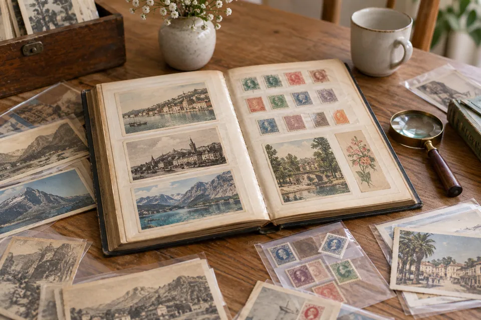 Album de timbres et cartes postales anciennes illustratives sur une table