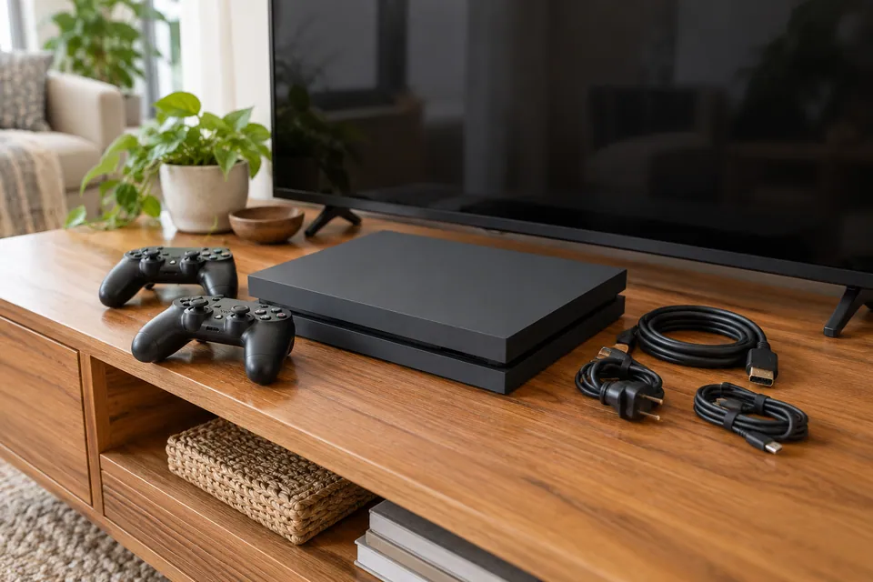 Console, manettes et câbles rangés devant un téléviseur éteint