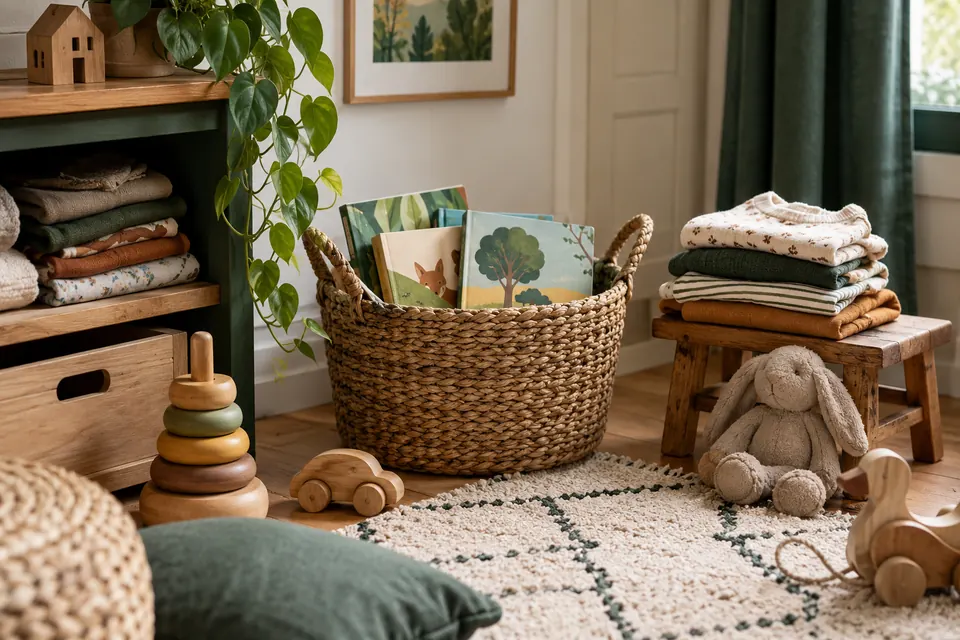 Jeux en bois, vêtements et livres dans un coin familial