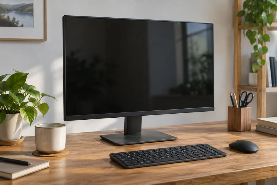 Écran d’ordinateur, clavier et souris sur un bureau en bois