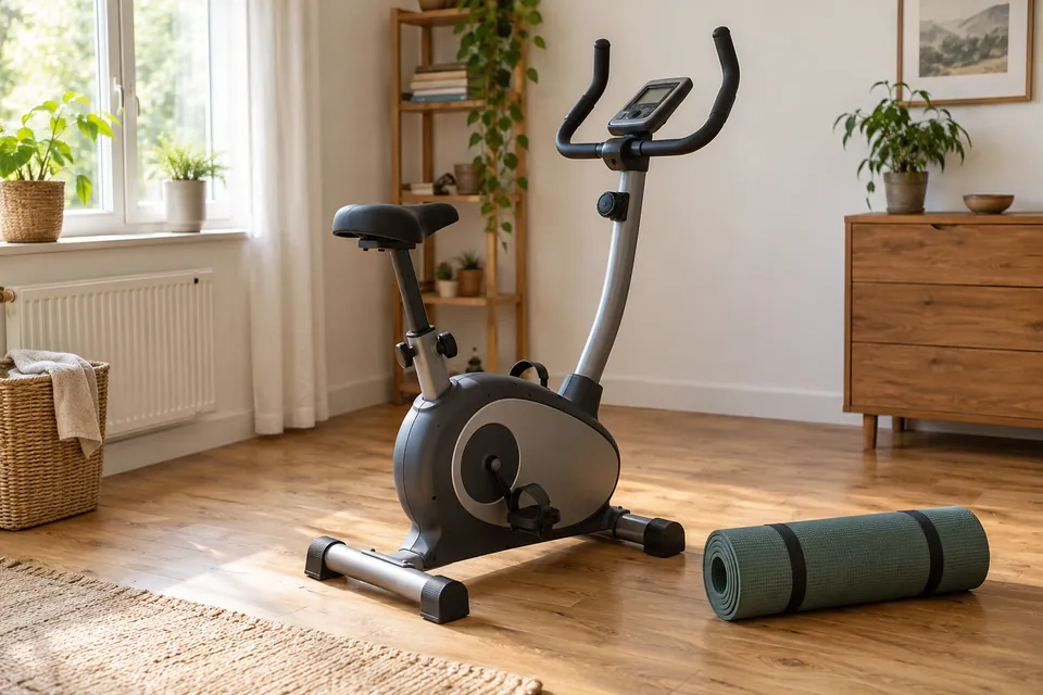 Vélo d’appartement et tapis de sport dans une pièce lumineuse