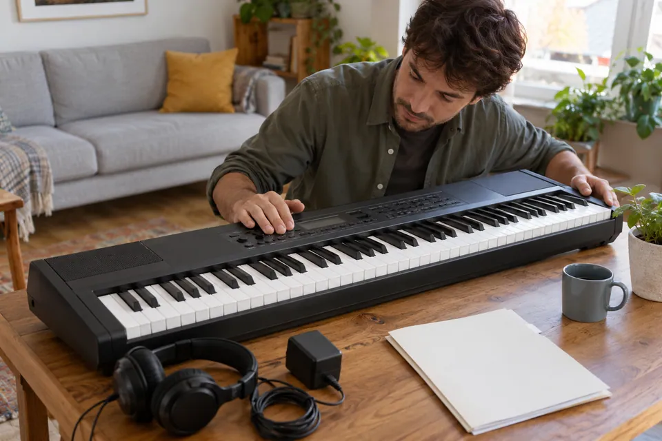 Illustration IA pour « Acheter un clavier musical d’occasion » : scène fictive, aucun objet proposé à la vente