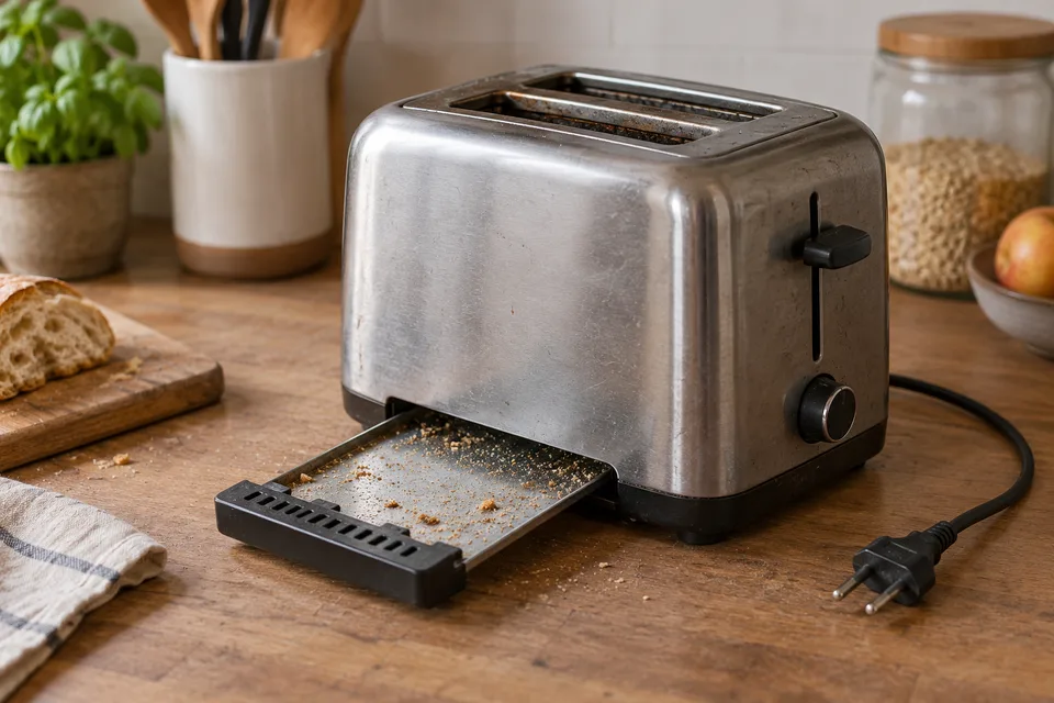 Grille-pain débranché et tiroir à miettes