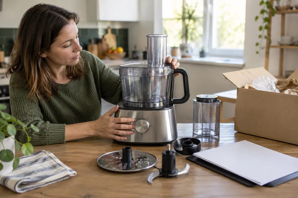 Illustration IA pour « Acheter un robot de cuisine d’occasion » : scène fictive, aucun objet proposé à la vente
