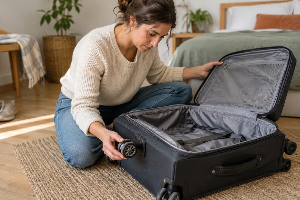 Vérification des roues et de l’intérieur d’une valise