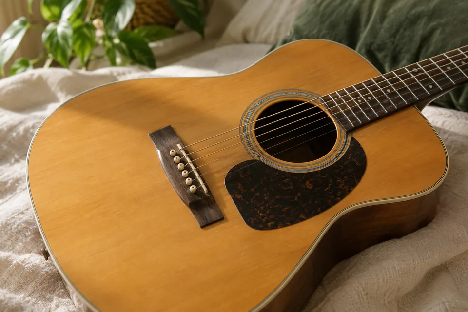 Détail de la rosace et des cordes d’une guitare acoustique