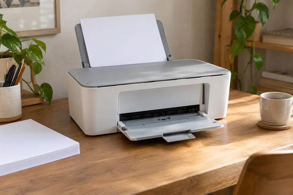 Imprimante avec bac ouvert et feuilles blanches sur un bureau