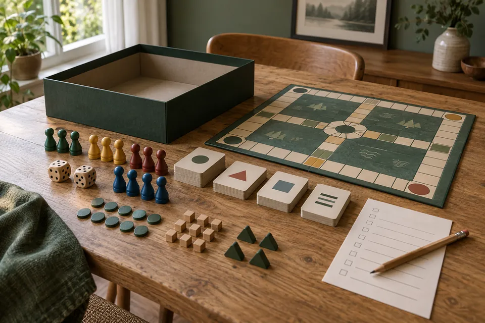 Inventaire illustratif d’un jeu de société : plateau, cartes, pions et dés sur une table en bois