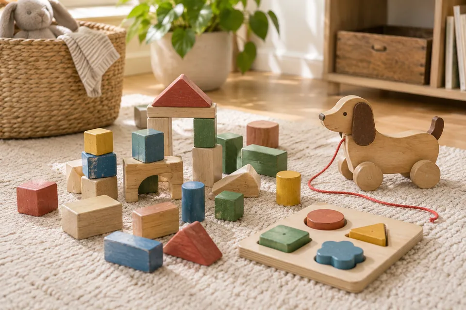 Cubes en bois, puzzle et jouet à tirer sur un tapis