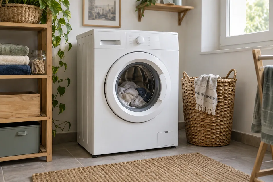 Machine à laver blanche et panier à linge dans une buanderie