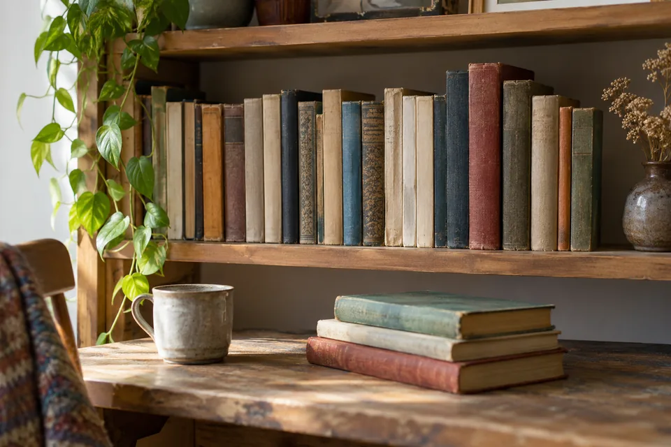 Livres aux couvertures patinées sur une étagère en bois