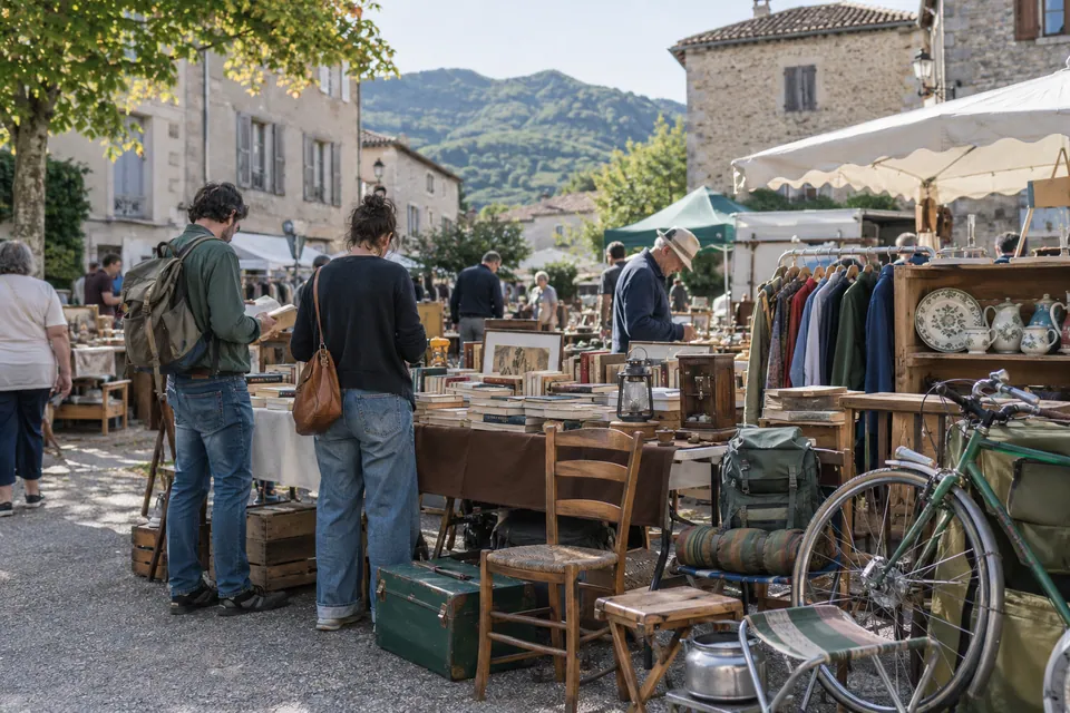 Brocante illustrative avec vélo et petits meubles devant des collines