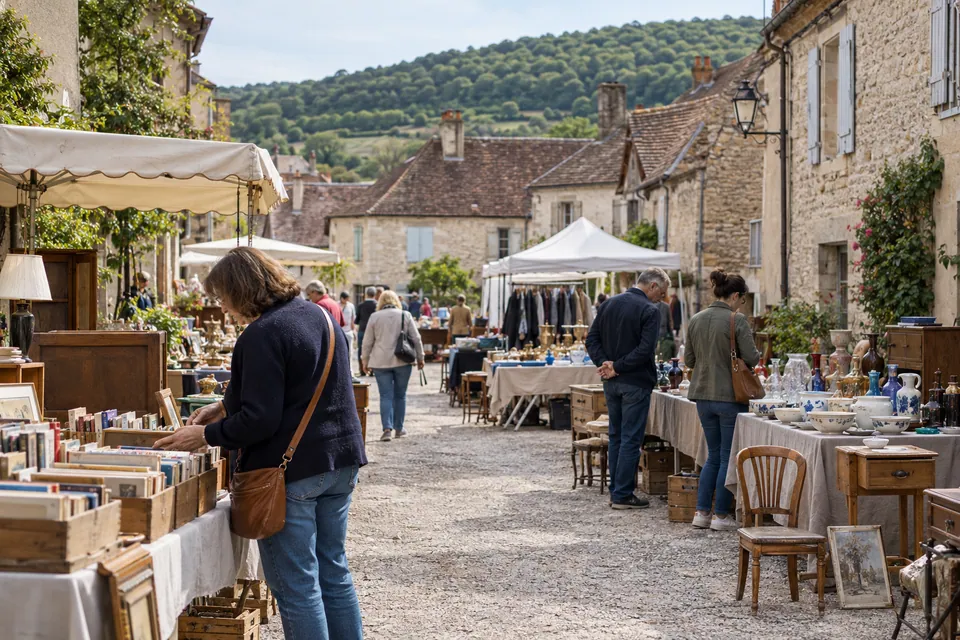 Brocante illustrative dans un village de pierre devant des collines boisées