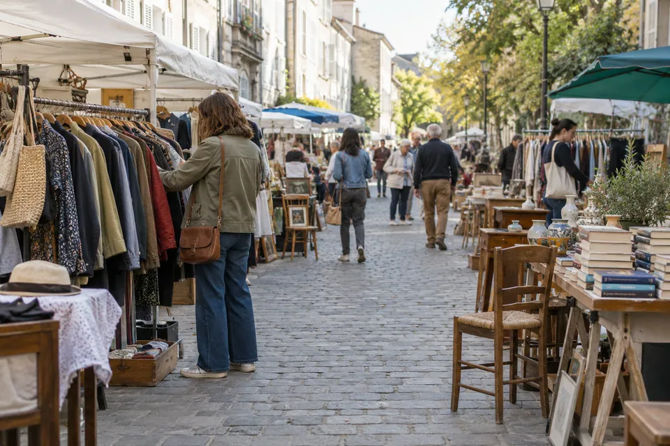 Braderie urbaine illustrative avec portants de vêtements, livres et petits meubles