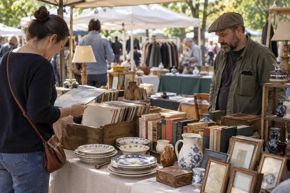 Étal de brocante illustratif avec céramiques, cadres, vinyles et livres