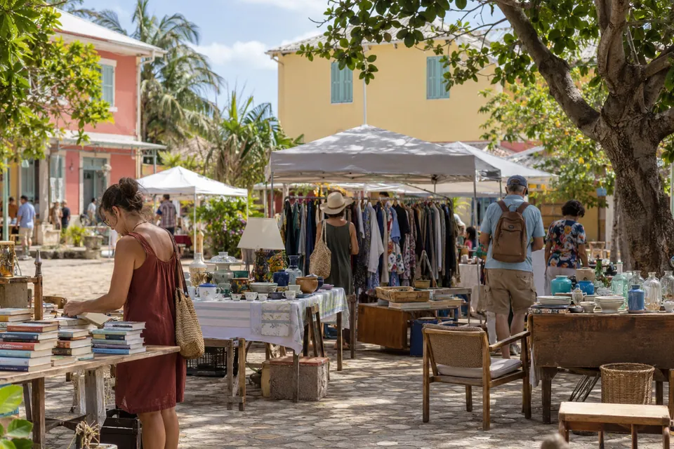 Marché de seconde main illustratif dans un décor insulaire ombragé