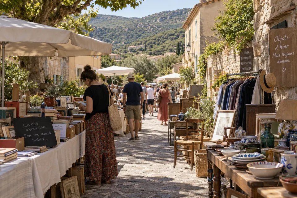Brocante illustrative dans un village méditerranéen devant des collines vertes