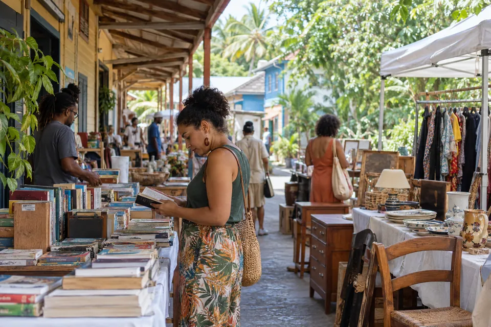 Marché de seconde main illustratif sous des vérandas en bois et des arbres tropicaux