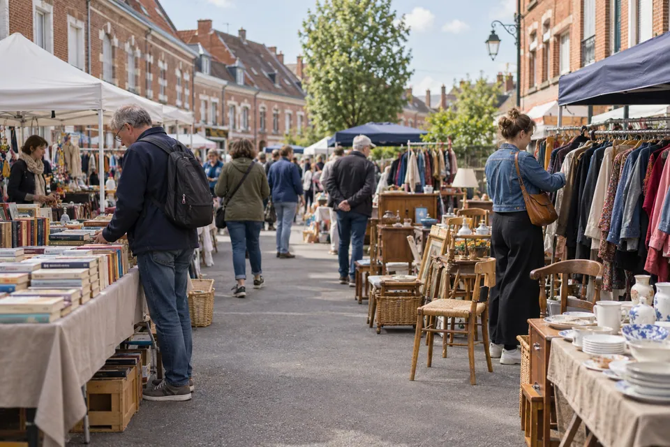 Braderie illustrative dans une rue de briques avec vêtements et objets de seconde main