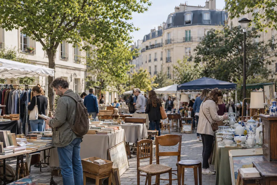 Brocante illustrative dans un décor urbain de pierre claire et de toits mansardés