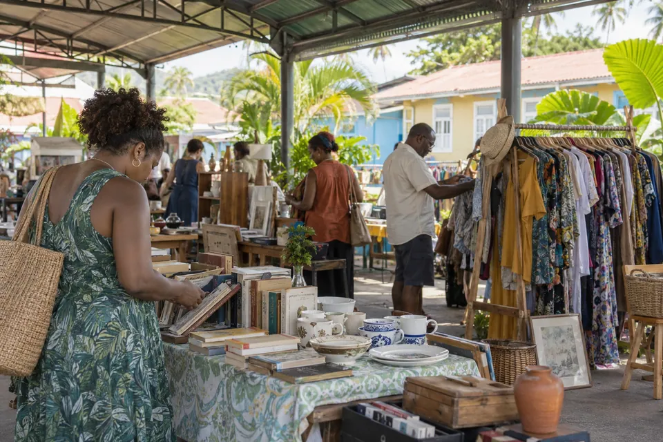 Braderie illustrative sous un abri ouvert dans un décor antillais