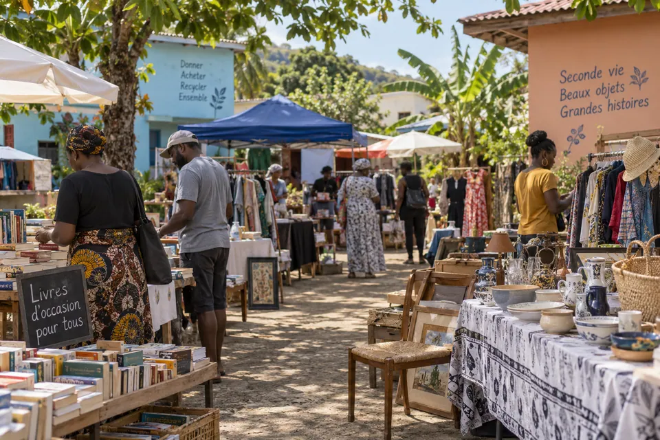 Vide-greniers illustratif avec stands ombragés dans un décor insulaire tropical