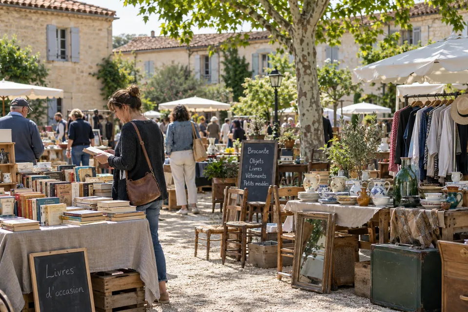 Brocante illustrative devant des façades claires et des toits de tuiles rouges