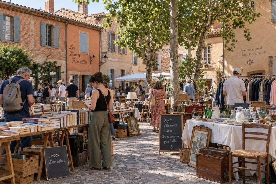 Braderie illustrative dans un décor de briques roses et de façades chaudes