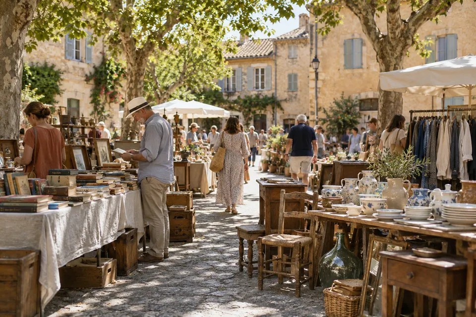 Brocante illustrative à l’ombre des arbres devant des façades ocre