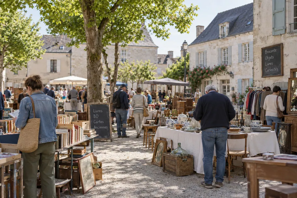 Brocante illustrative sur une place de pierre claire à l’ombre des arbres