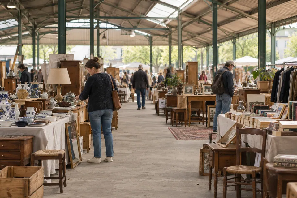 Marché aux puces illustratif dans une halle ouverte avec lampes et mobilier