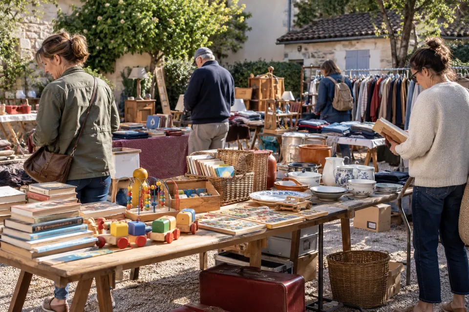 Vide-greniers familial illustratif avec jouets, livres et vaisselle