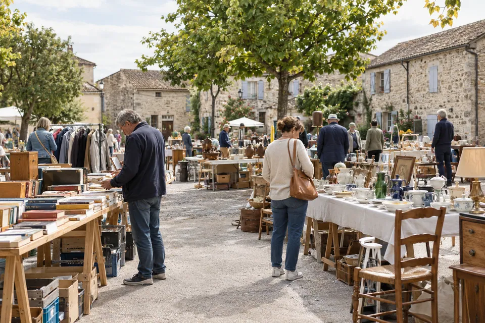 Vide-greniers illustratif dans une cour de village avec stands de seconde main