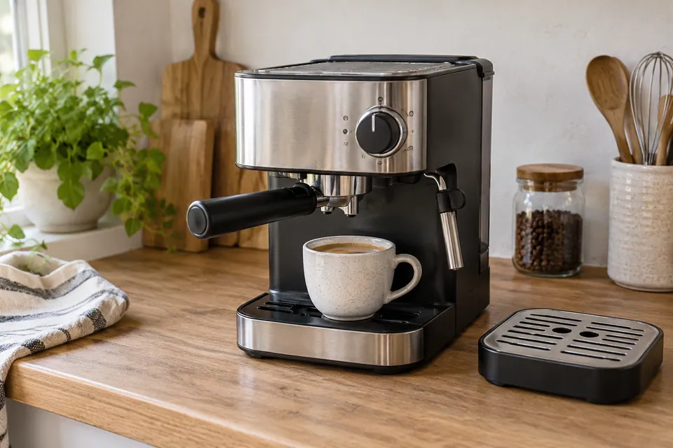 Machine à café, tasse et bac amovible sur un plan de travail