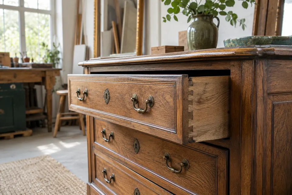 Commode en bois ancien avec un tiroir ouvert