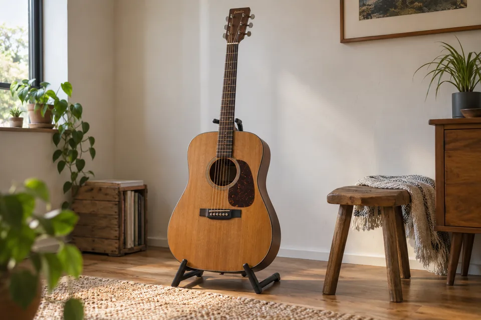Guitare acoustique en bois sur un support dans une pièce lumineuse