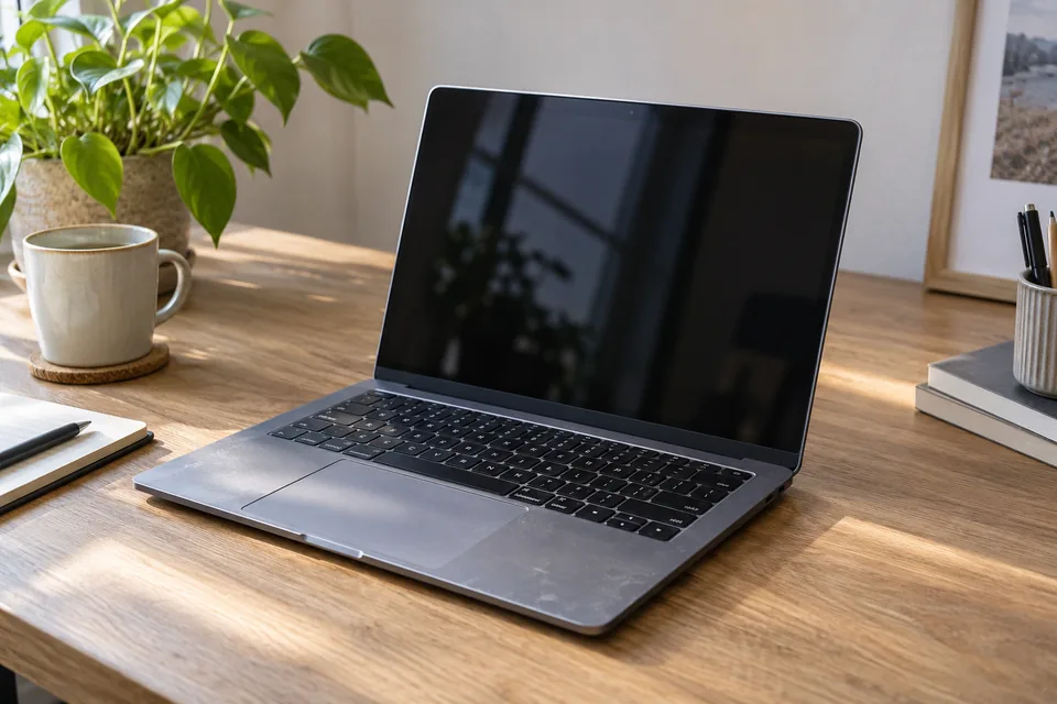 Ordinateur portable ouvert sur un bureau en bois