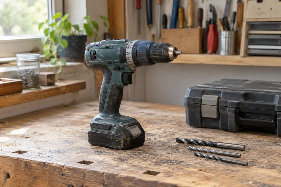 Perceuse-visseuse et forets sur un établi en bois