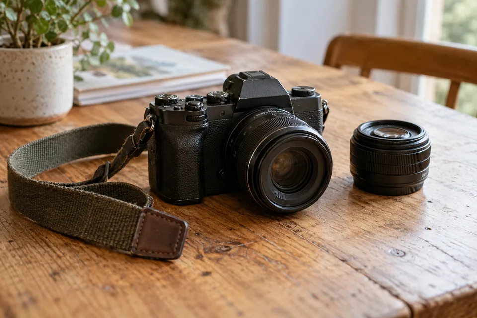Appareil photo noir et objectif posés sur une table en bois
