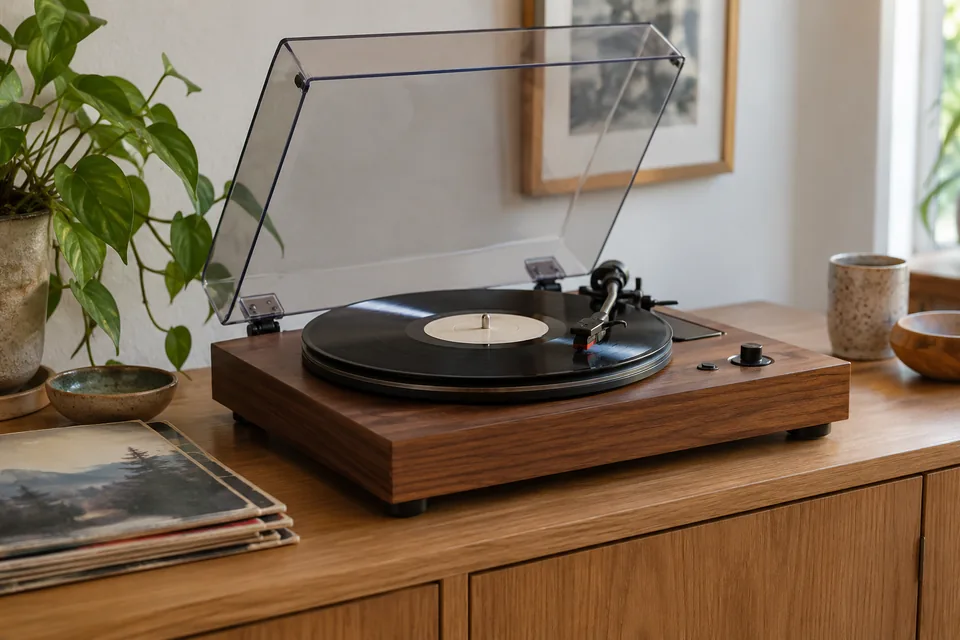 Disque vinyle sur une platine à socle en bois