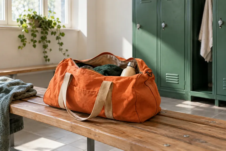 Sac de sport orange sur un banc en bois